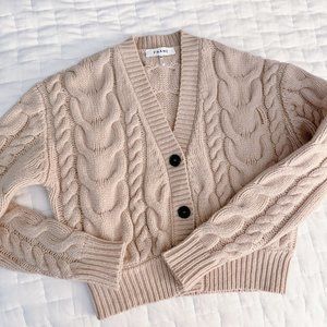 FRAME Cable Knit Button Front Cardigan Beige Oatmeal 100% Wool Crop Chunky XXS